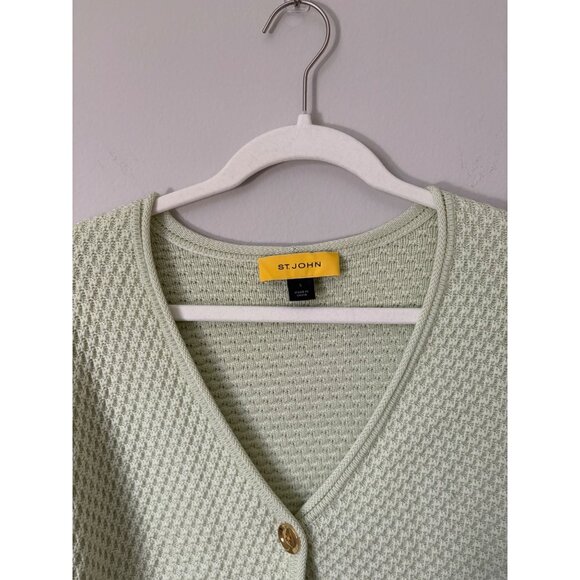 St. John Wool Knit Bell-Sleeve Open-Front Pockets Cardigan Sweater Pastel Green - Picture 6 of 14